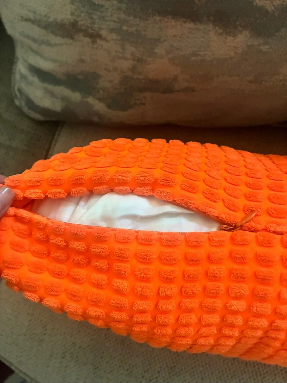 Neon Orange Textured Lumbar Throw Pillow Bright Retro Decor EUC